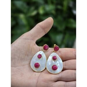 Ruby Drop Earrings with Mother of Pearl Teardrop – 18K Gold Over Sterling Silver